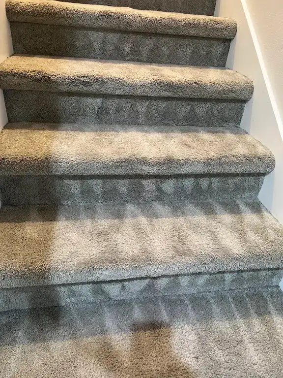 Gray carpeted staircase freshly cleaned with visible wand strokes