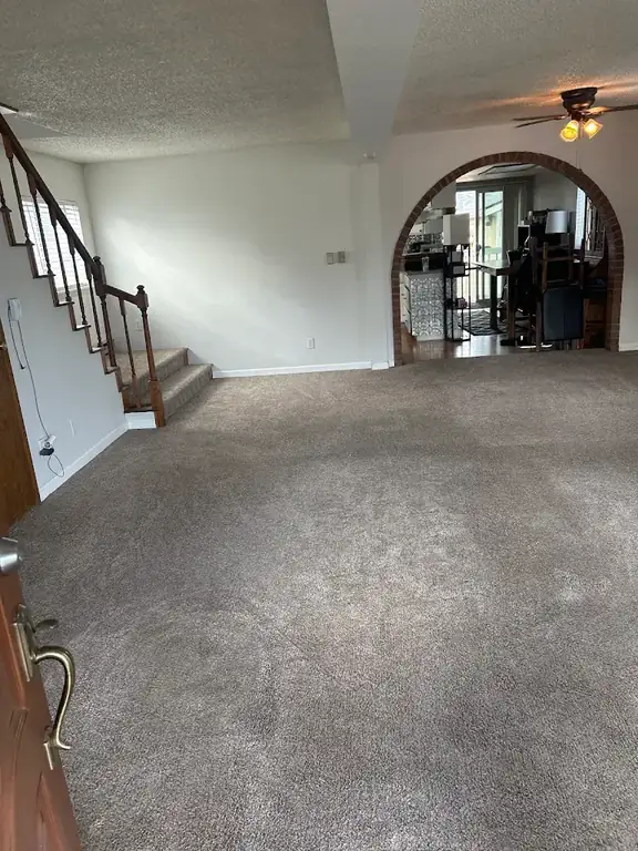 Freshly cleaned tan carpet in a split-level living room with a brick archway